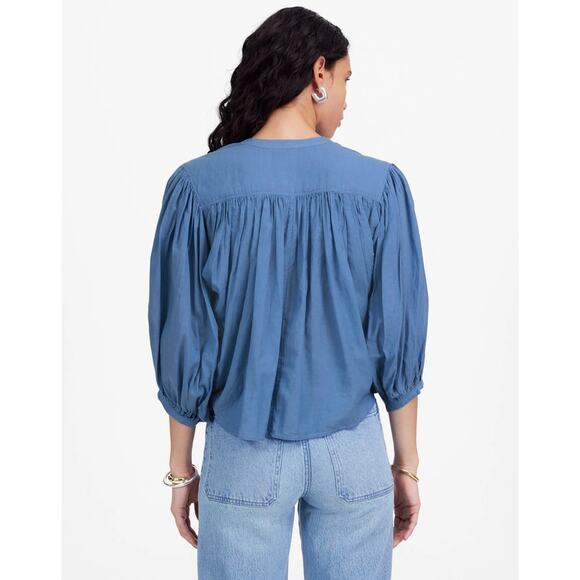 Madewell Balloon Shirred Sleeve Top WMNS S Blue Button Up 3/4 Sleeve Lightweight - Picture 2 of 8